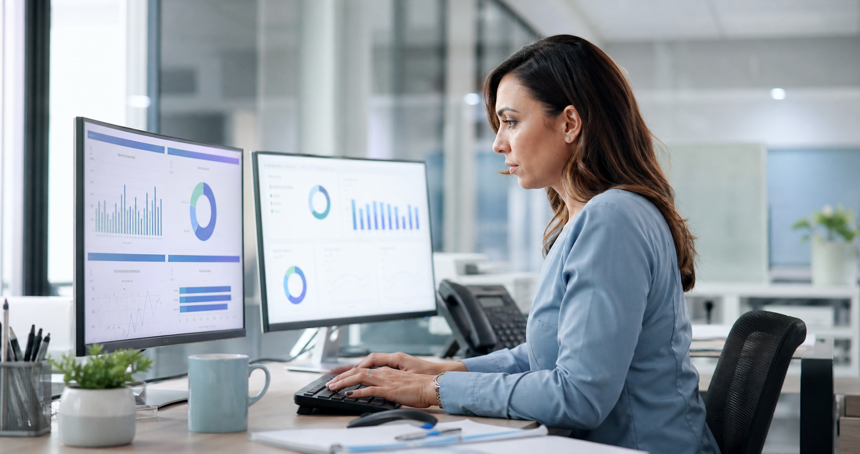 Healthcare operations professional reviewing revenue cycle analytics at a workstation